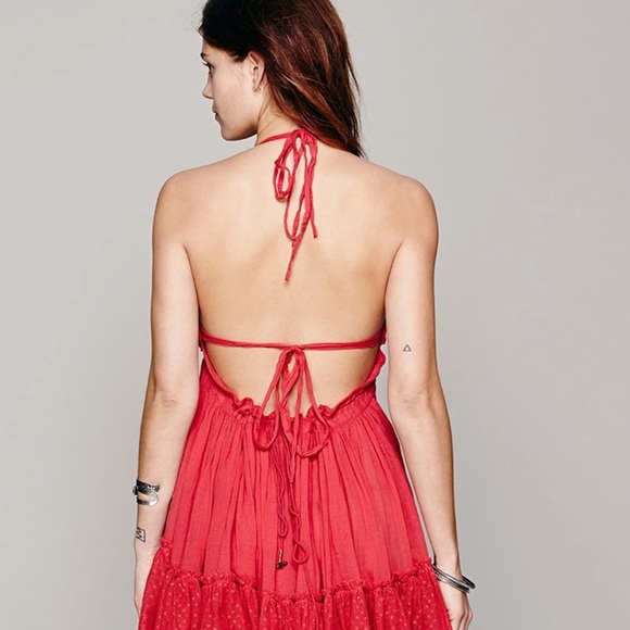 SOLD OUT Red Swiss Dot Mesh Boho Halter Mini Dress - Picture 2 of 6